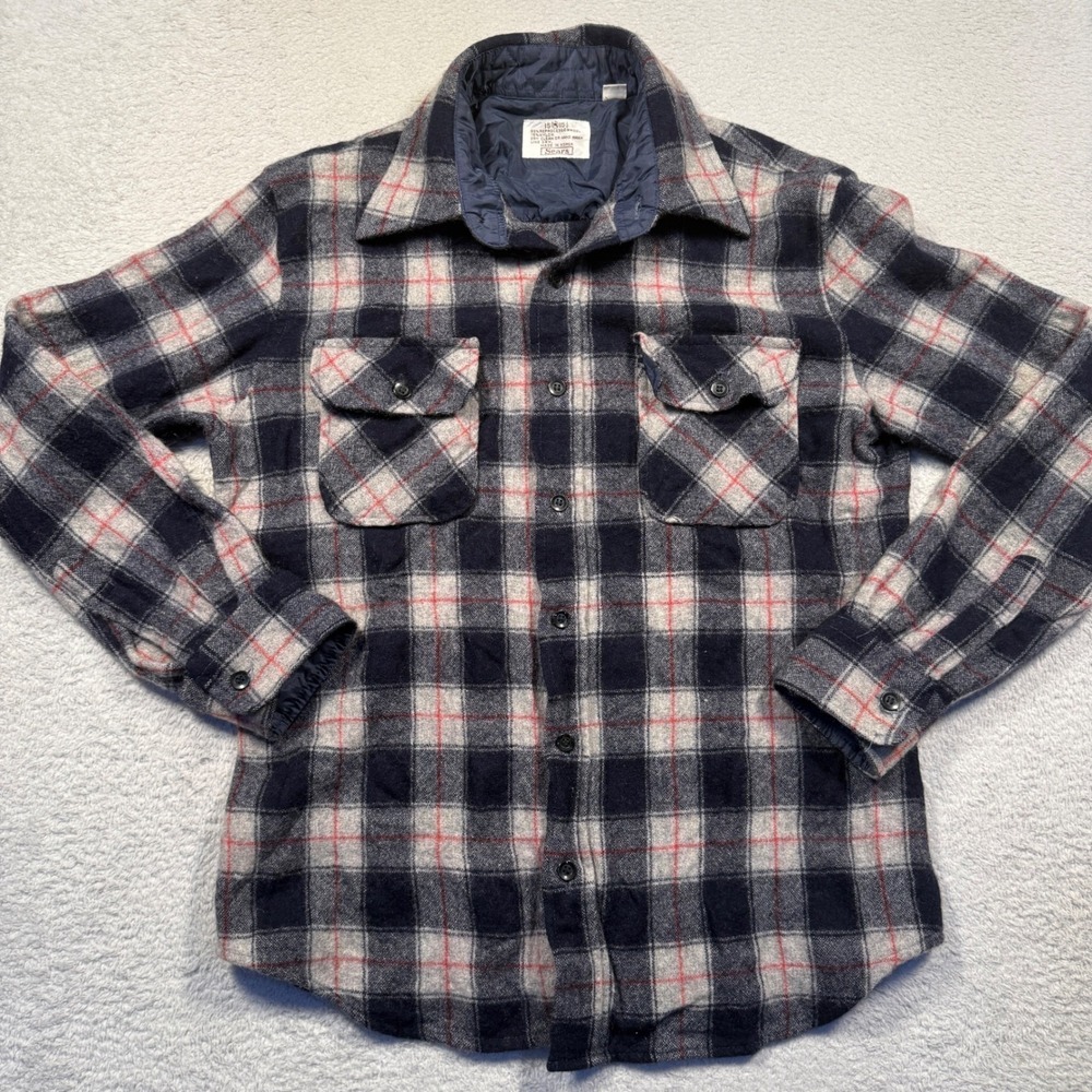 Vintage 70s Sears Men's Plaid Wool Blend Flannel Shirt Navy Red Gray Medium